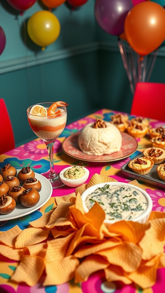 A vibrant spread of 80s party appetizers including stuffed mushrooms, shrimp cocktail, cheese ball, deviled eggs, and dips.